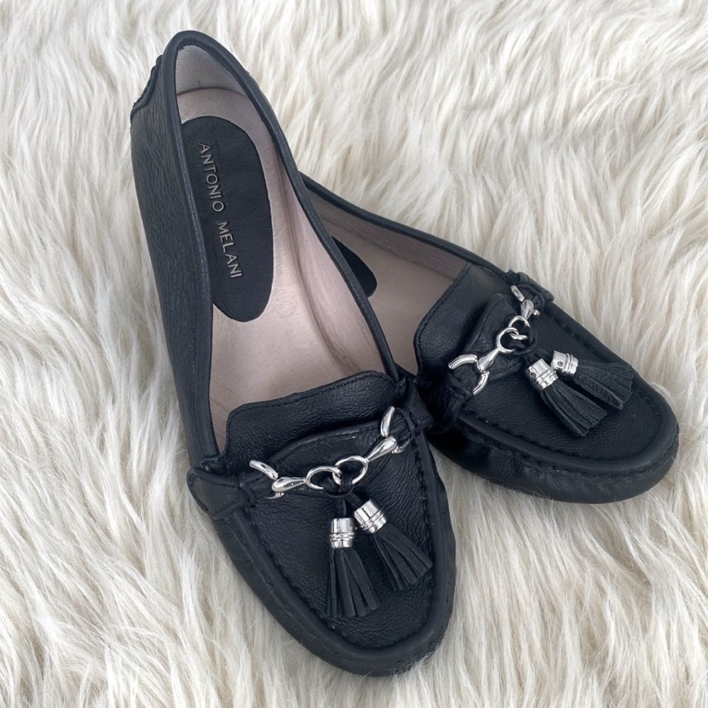Antonio Melani Black Leather & Silver Accents Loafers 9 Tassels Academia Preppy